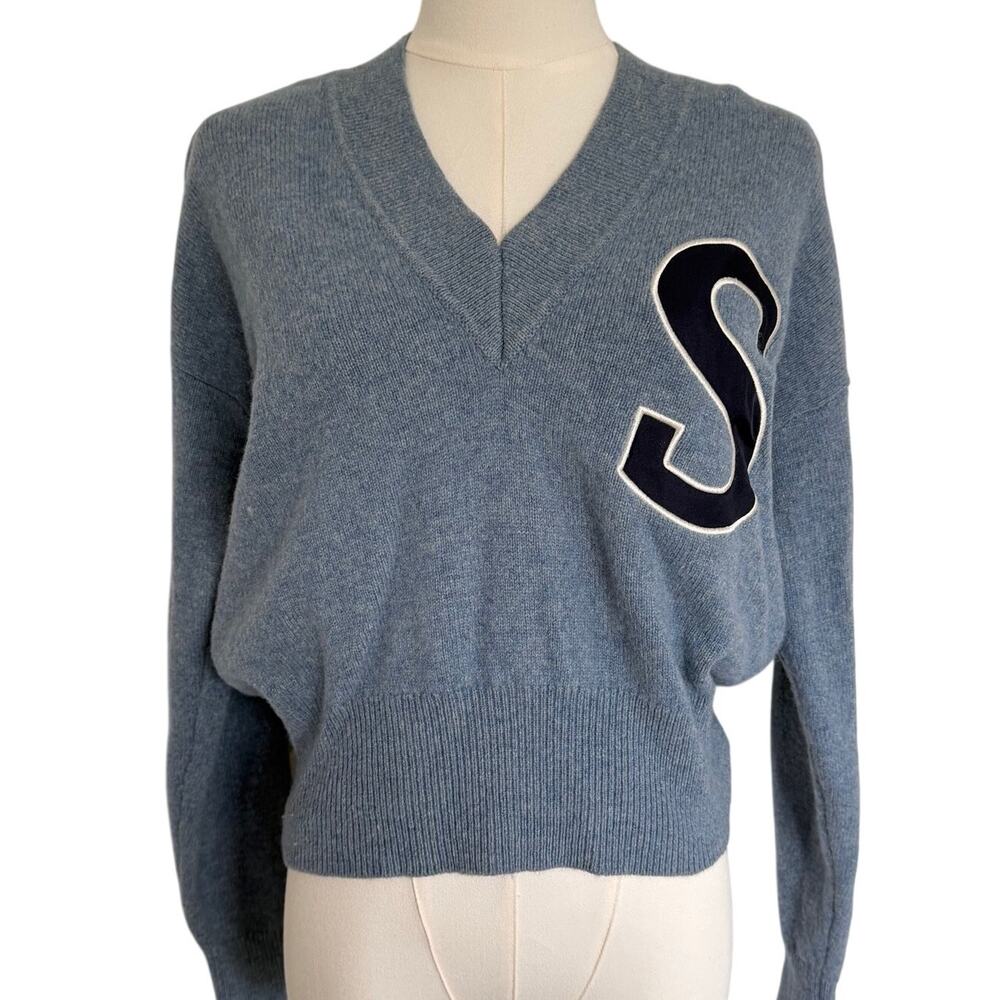 Sandro (S/M) Didier V-Neck Wool Sweater Blue Logo S Patch Varsity Pullover Paris
